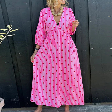 MQTIME  -  Fashion Heart-shaped Print Party Dress Sweet Girl Loose Lantern Sleeve Pleated Evening Dress Casual Simple Women Commute Dress